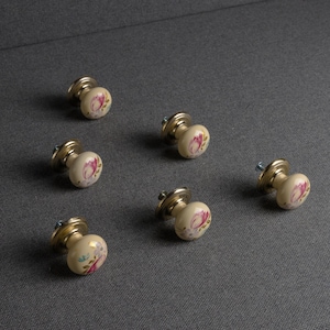 May include: Six cream-colored cabinet knobs with a floral design in pink and green. The knobs have a brass base and are arranged on a gray surface. Each knob has a small screw for attachment.