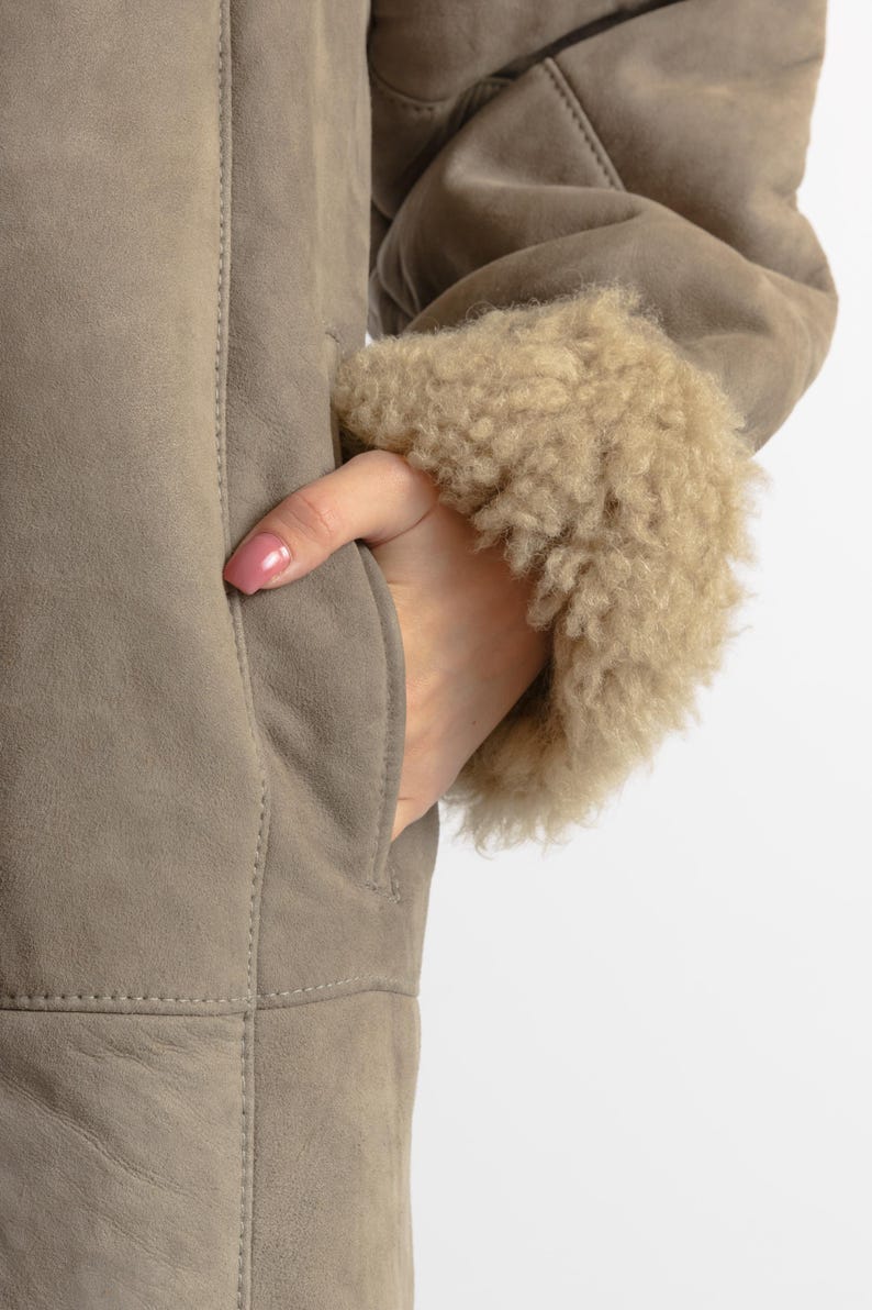 Women Suede Sheepskin Jacket Gray Vintage 80s Retro Winter Outerwear Sheepskin Western Suede Coat Women Vintage Clothing size M image 13