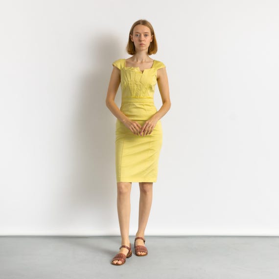 00s Preowned Woman Mini Lemon Yellow Karen Millen Pencil Dress Size UK8  EU36 Pencil Fit Short Sleeved - Etsy Israel