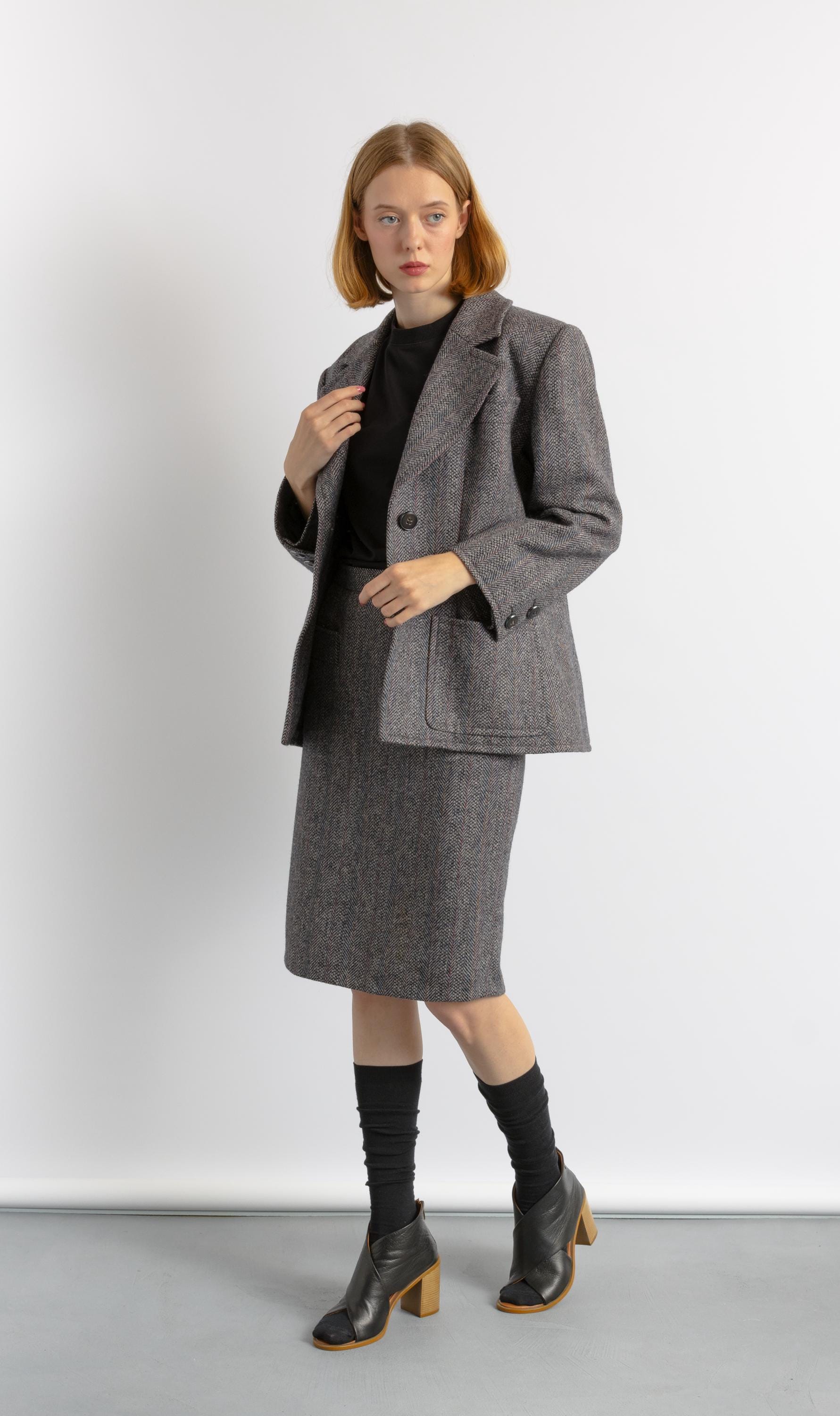 YVES SAINT LAURENT Suit, 80s Gray Wool High Waisted Pencil Skirt