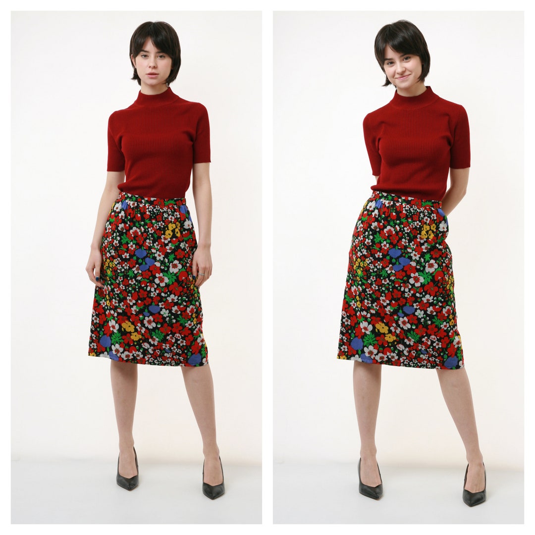 Vintage Floral Midi Skirt| 70s High Waisted Colorful Abstract Print A-Line Cotton