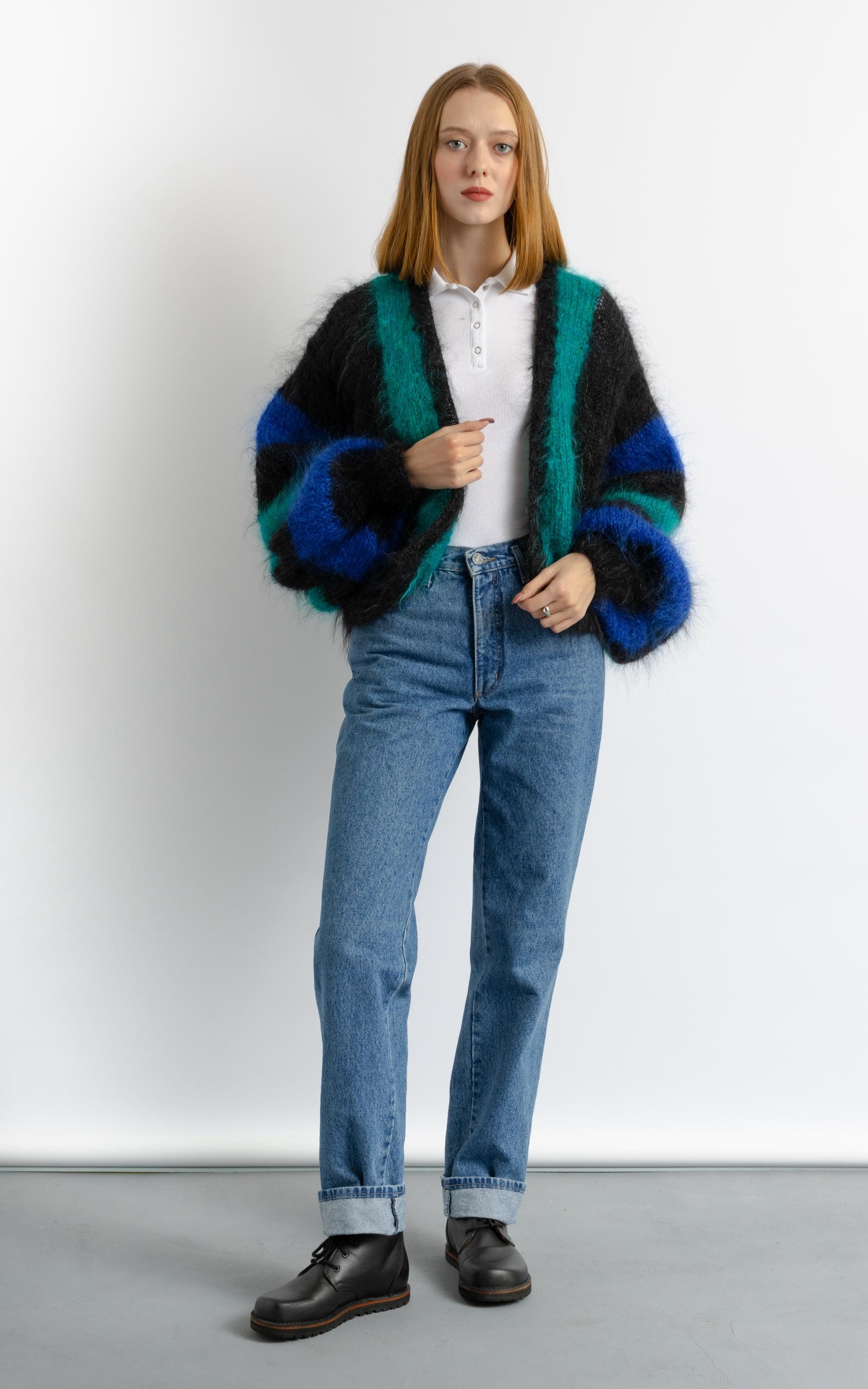 70s Vintage Woman Handknitted Long Colorblock Mohair Jacket 70s Vintage Woman Handknitted Long Colorblock Mohair Jacket