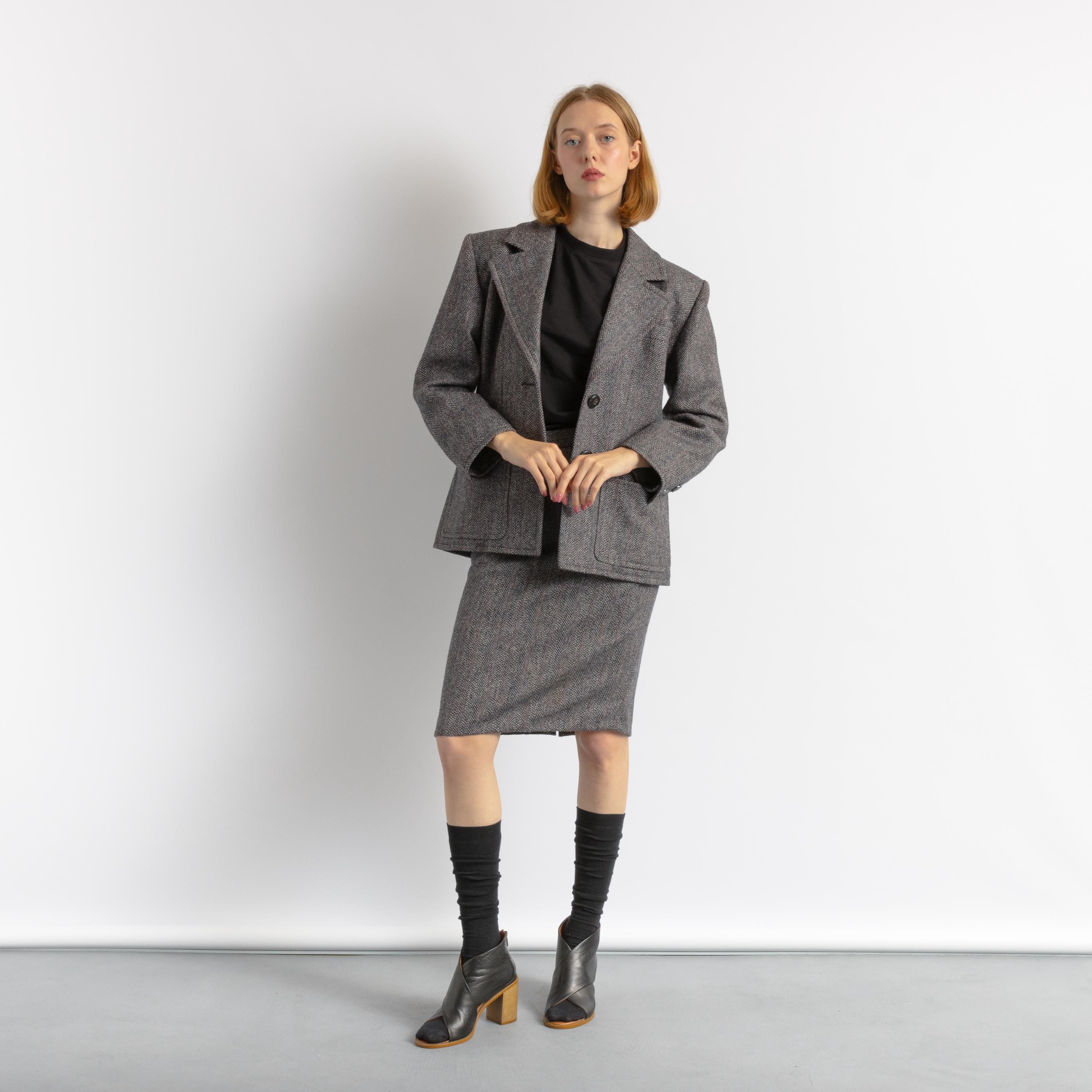 YVES SAINT LAURENT Suit, 80s Gray Wool High Waisted Pencil Skirt