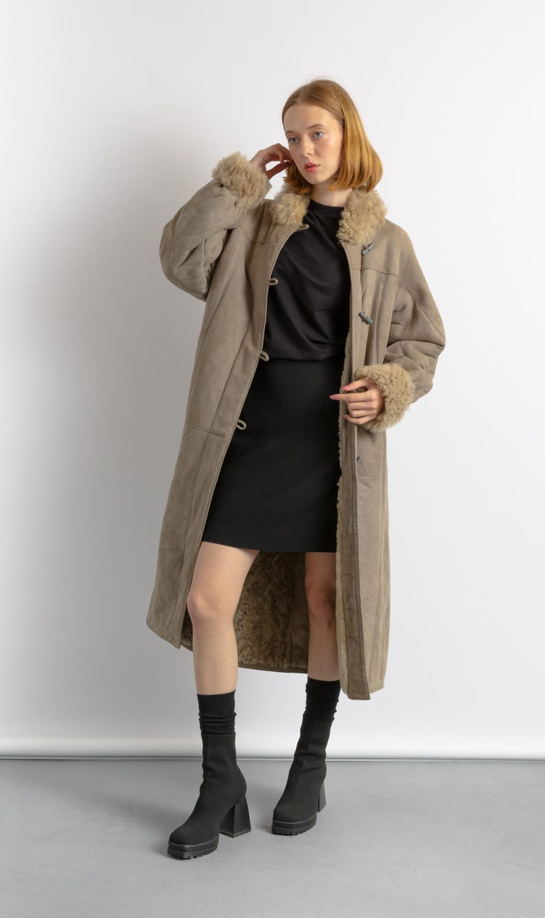 Women Suede Sheepskin Jacket Gray Vintage 80s Retro Winter Outerwear Sheepskin Western Suede Coat Women Vintage Clothing size M image 7