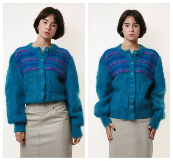 80s Vintage Mary Barry Mohair Blue Wool Buttons Up