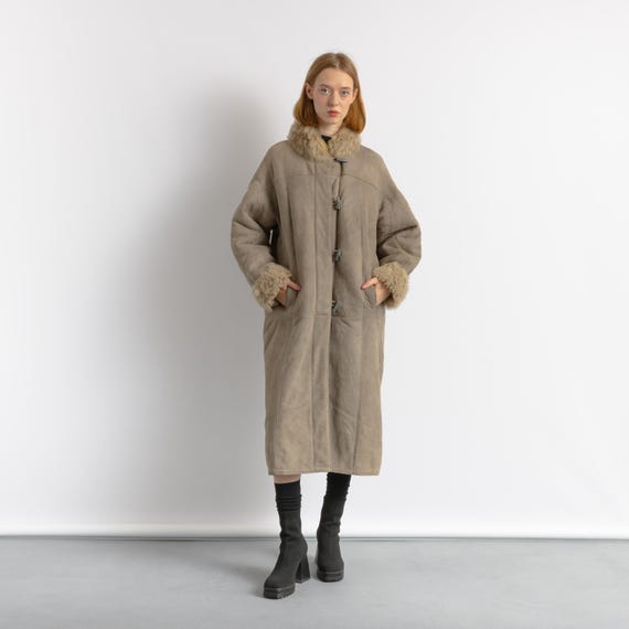 Women Suede Sheepskin Jacket Grey Vintage 80s Retro Winter Outerwear Sheepskin Western Suede Coat Women Vintage Clothing size M