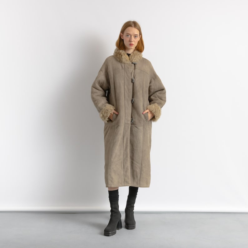 Women Suede Sheepskin Jacket Gray Vintage 80s Retro Winter Outerwear Sheepskin Western Suede Coat Women Vintage Clothing size M image 1