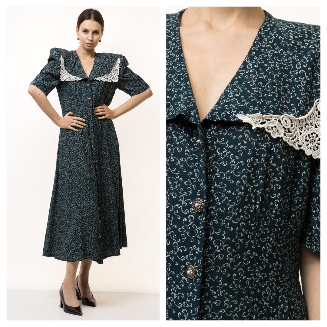 1980s 1990s Grunge All That Jazz Green Floral Dress, Button up Front