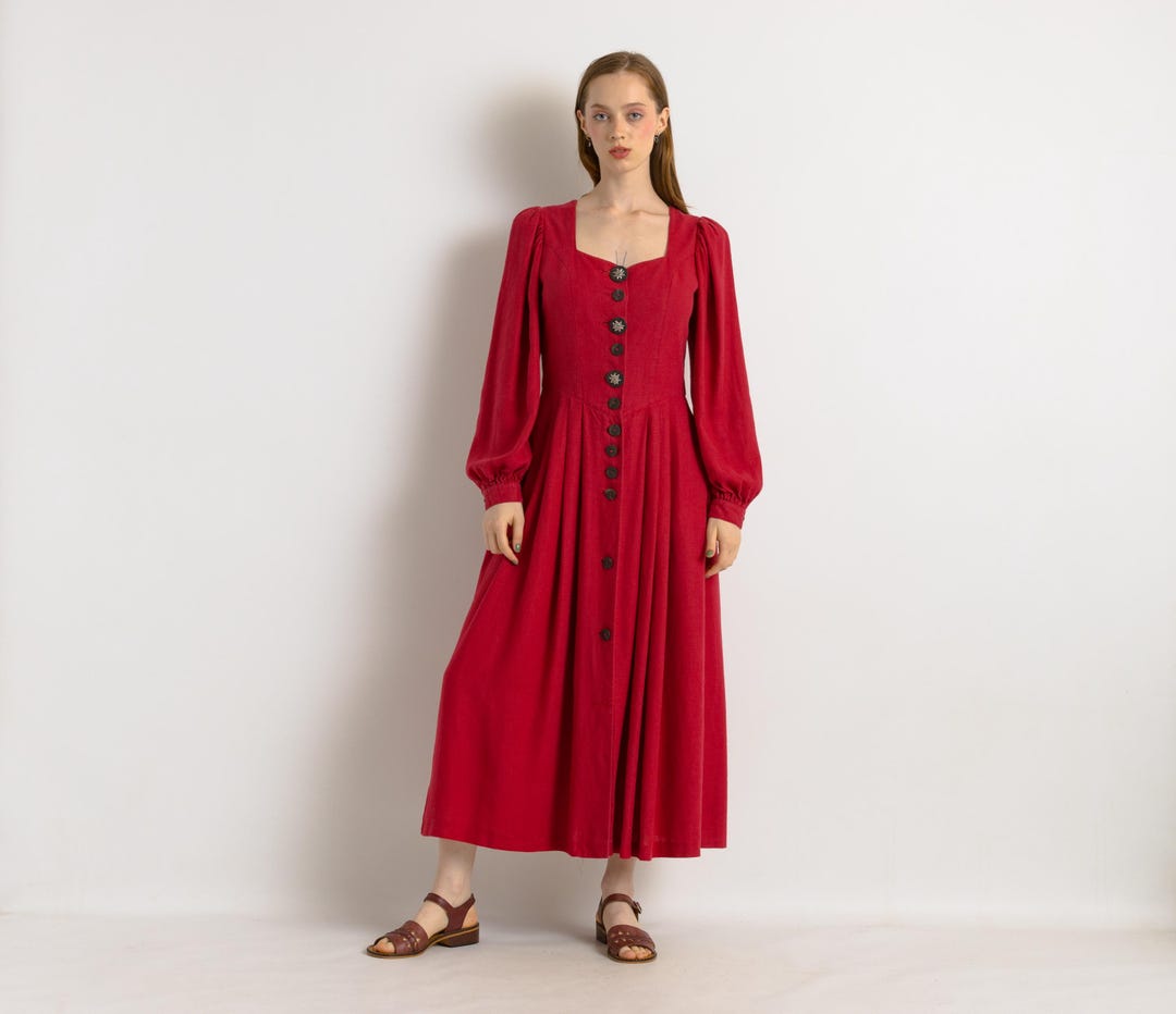 Folk Button Vintage 80s Austrian Folk Dress With Puffy Sleeves, Folk Buttons ...
