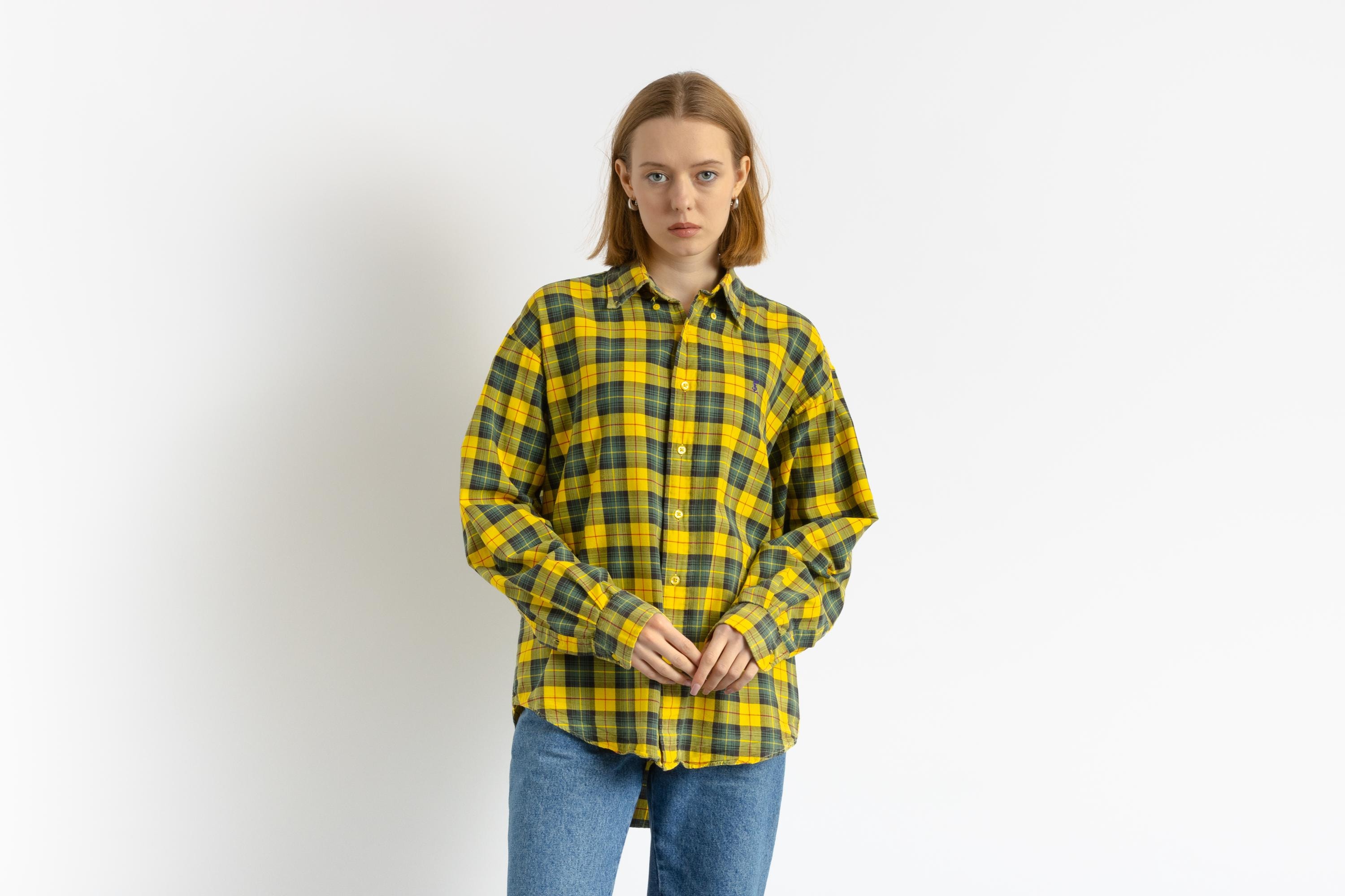 90s Vintage Unisex Yves Saint Laurent YSL Checked Yellow Large
