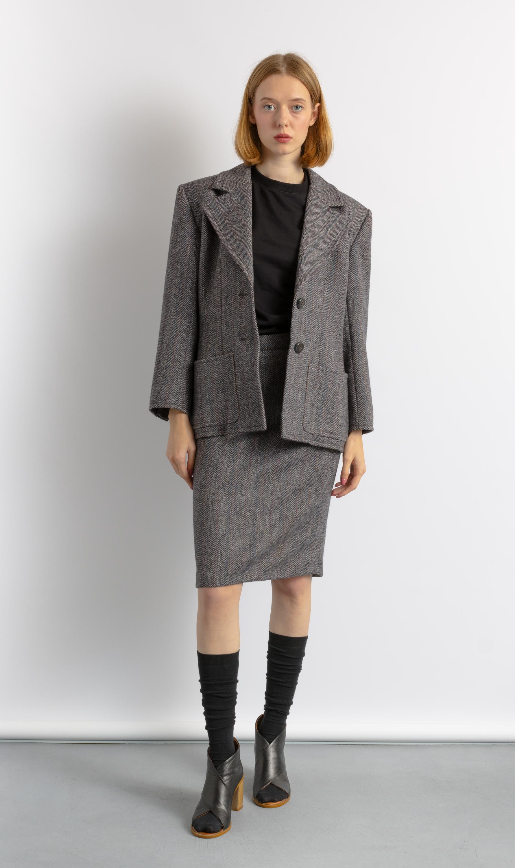 YVES SAINT LAURENT Suit, 80s Gray Wool High Waisted Pencil Skirt