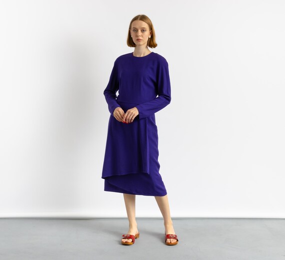 80s Vintage 100% Reine Wool Purple Midi A Pencil Midi Length Warm Dress…