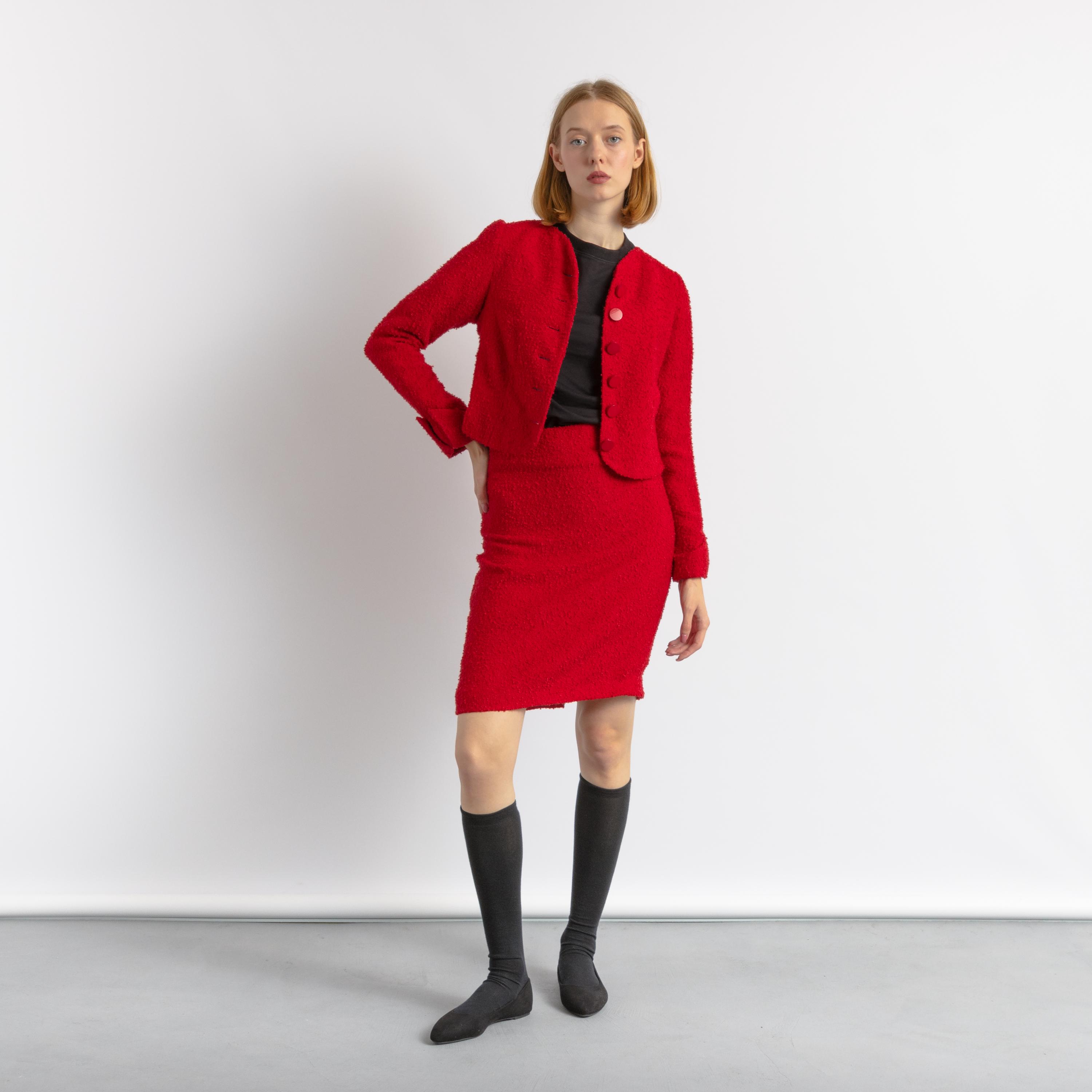 Christian Dior Boutique Suit, 80s Red Wool High Waisted Pencil