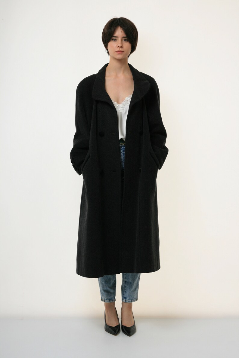 70s Vintage Vtg Rare Wool and Mohair Long Sleeve Dark Grey Midi Buttons Up Long Style Coat 3070 Girlfriend Gift image 2