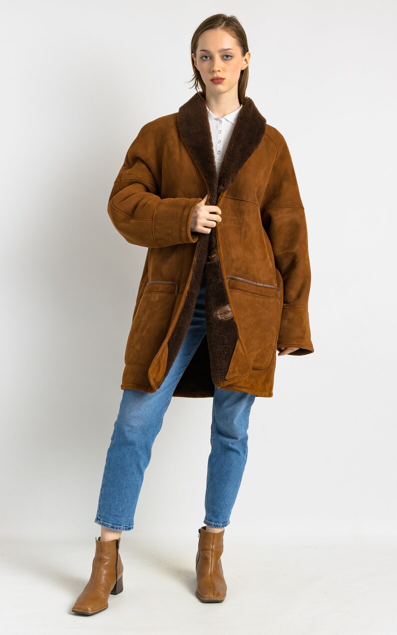 80s Vintage Suede Sheepskin Leather Shearling Fastens Coat Size Mens 50 ...