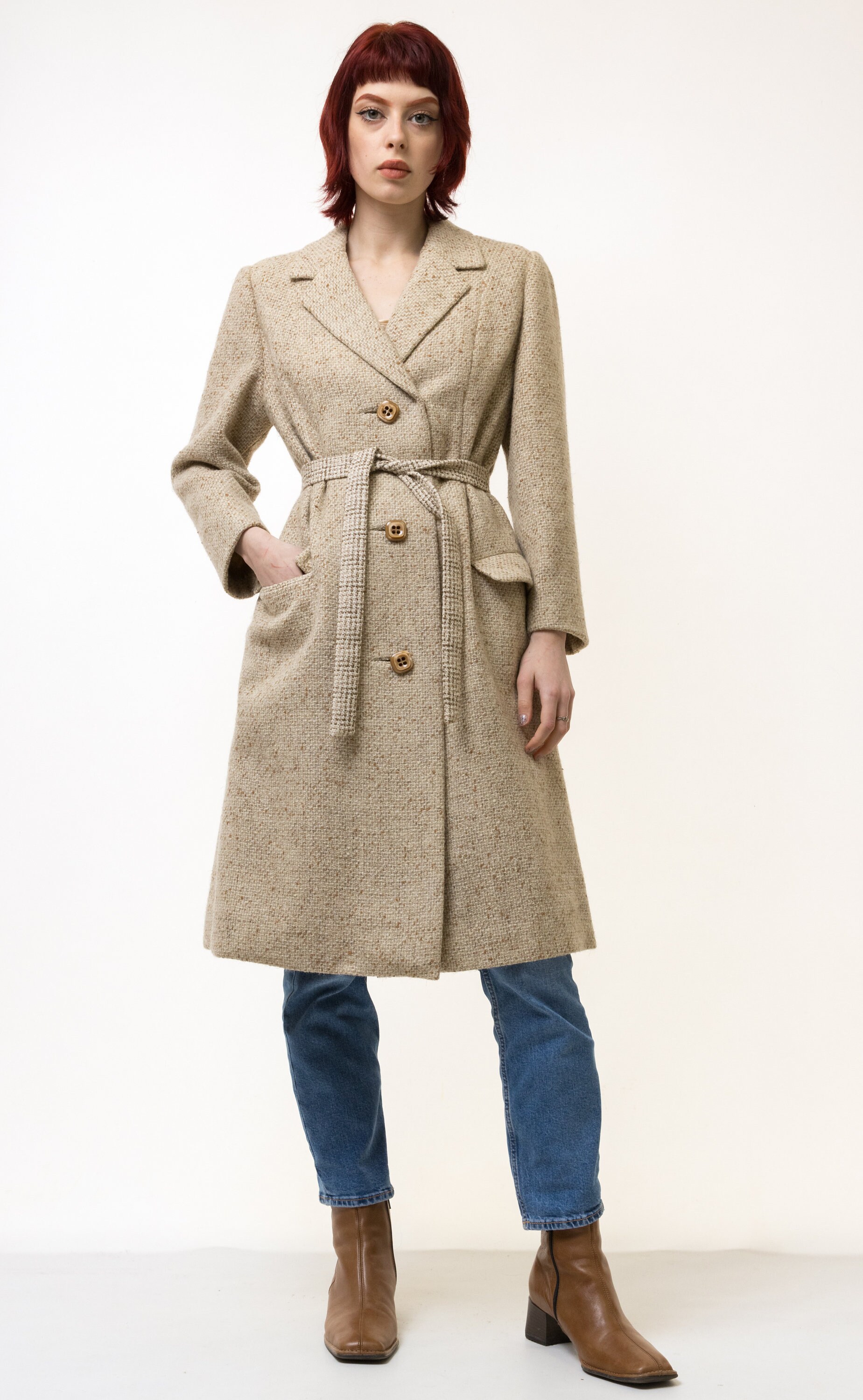 Vintage Tweed Coat Women, Beige Wool Coat, Winter Coat, Wool