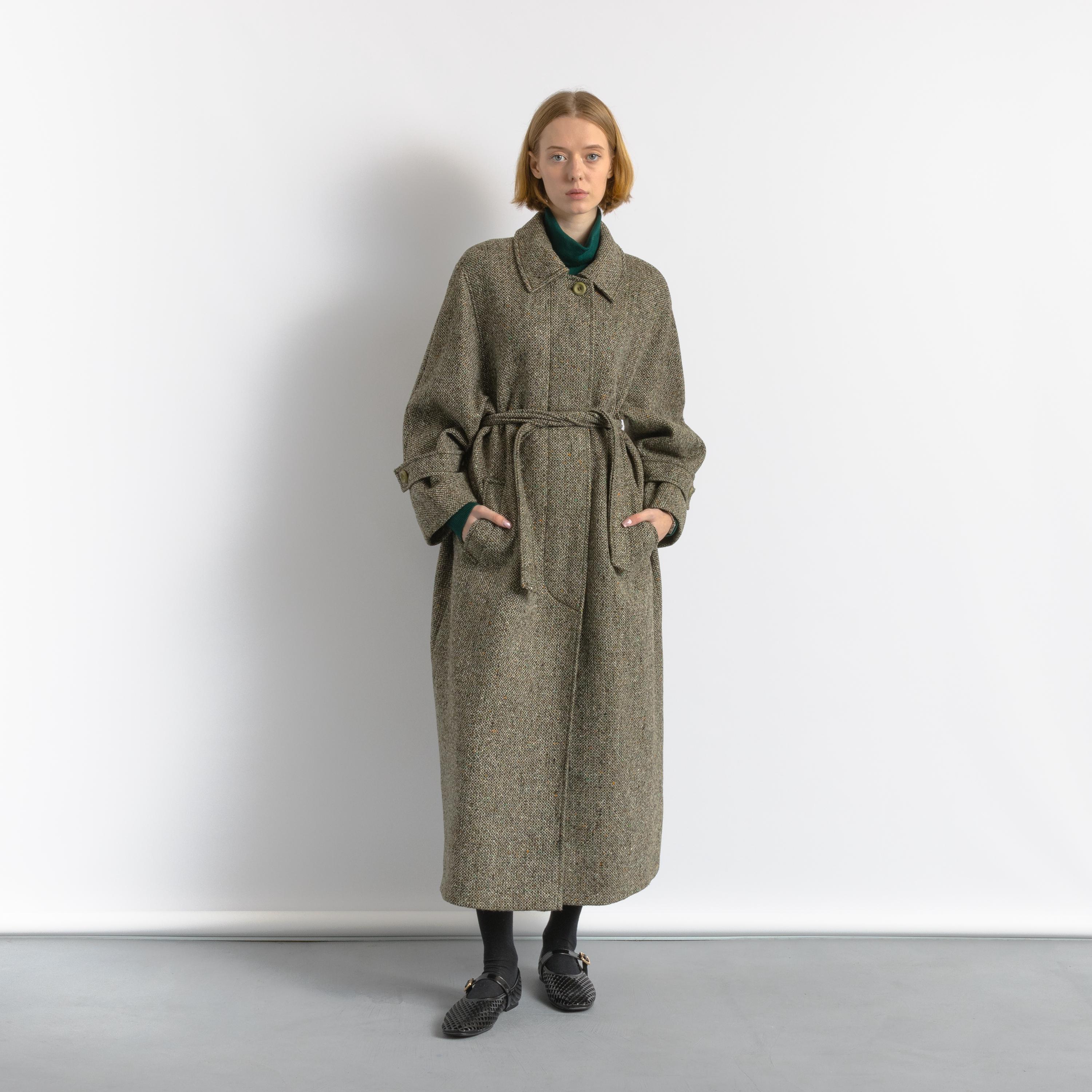 Vintage Irish Tweed Coat – 100% Wool Herringbone Long Belted