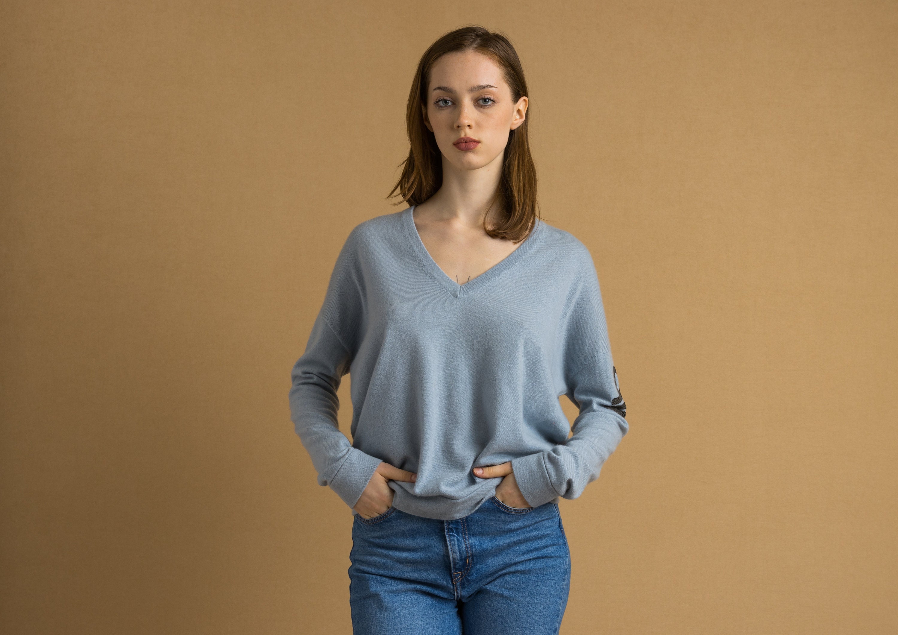 90s Vintage Woman Brunello Cucinelli Cashmere Blue V Neck Top