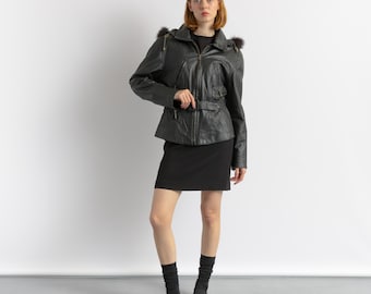 Skórzana kurtka zimowa z podszewką damska vintage 80s bomber biker kurtka awangardowa czarna motocyklowa kurtka grunge 80s czarna skórzana kurtka rozmiar S
