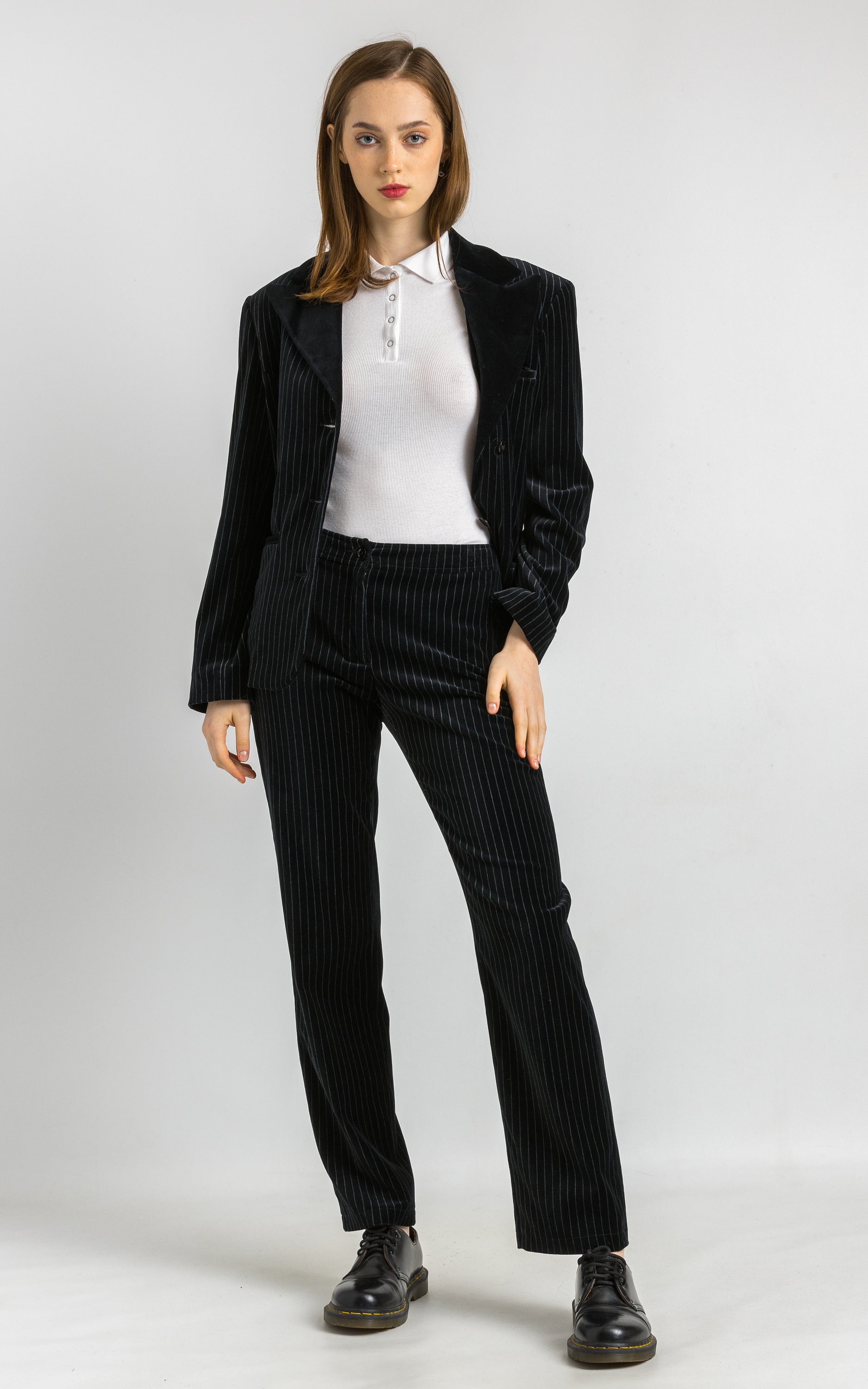 Emporio Armani Velor Suit, 90s Black Armani Striped Pants