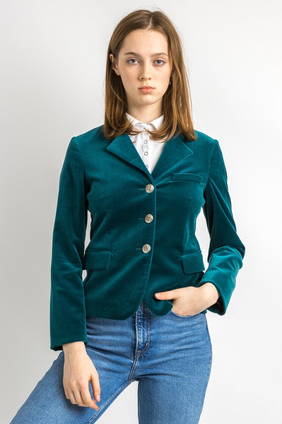 90s Woman Velvet Velor Blue ETRO Milano Blazer Crop Jacket