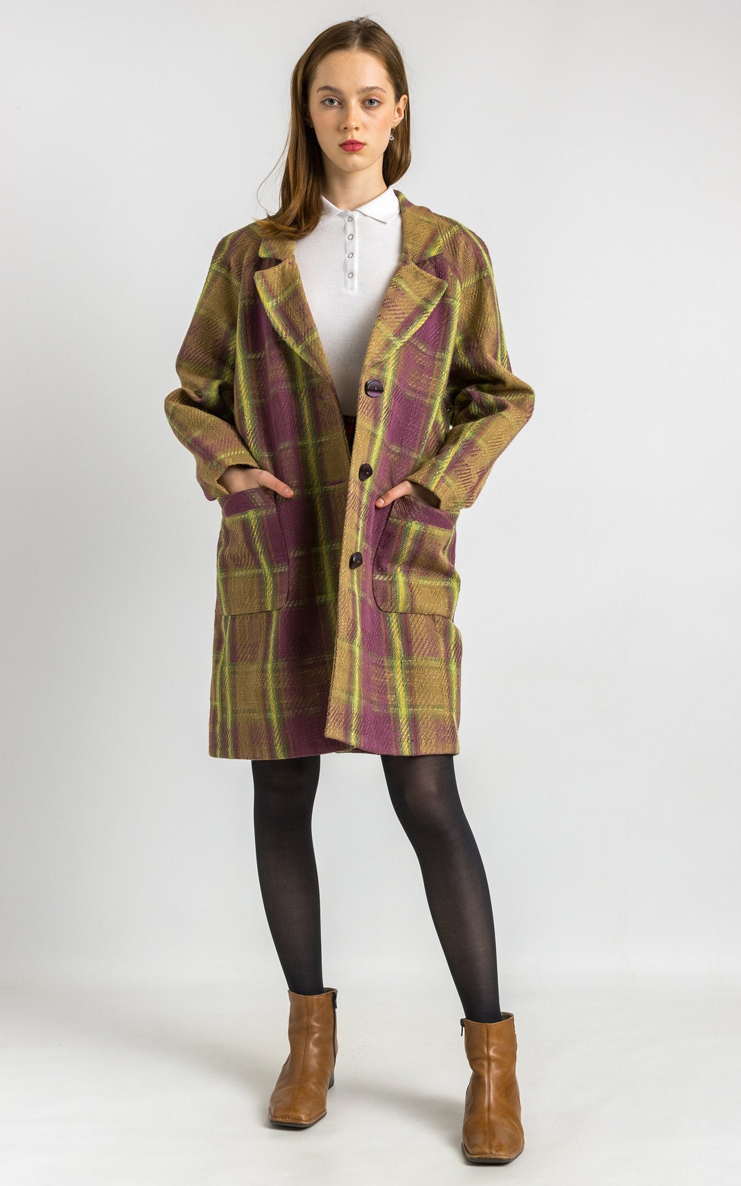 80s Check Linen Coat Women Vintage 80s Spring Fall Coat Long