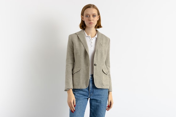 00s Vintage Ralph Lauren Woman Light Blue Wool One Breast Buttons Up Blazer size Small