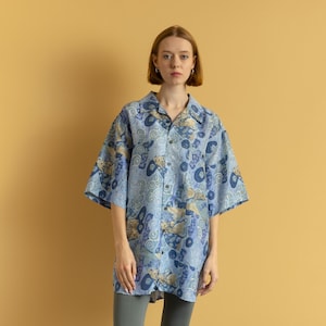 Vintage 90s Abstract MultiColor Short Sleeve Unisex Shirt size XL Large Festival Summer Grunge Pure Silk Shirt Woman Blouse