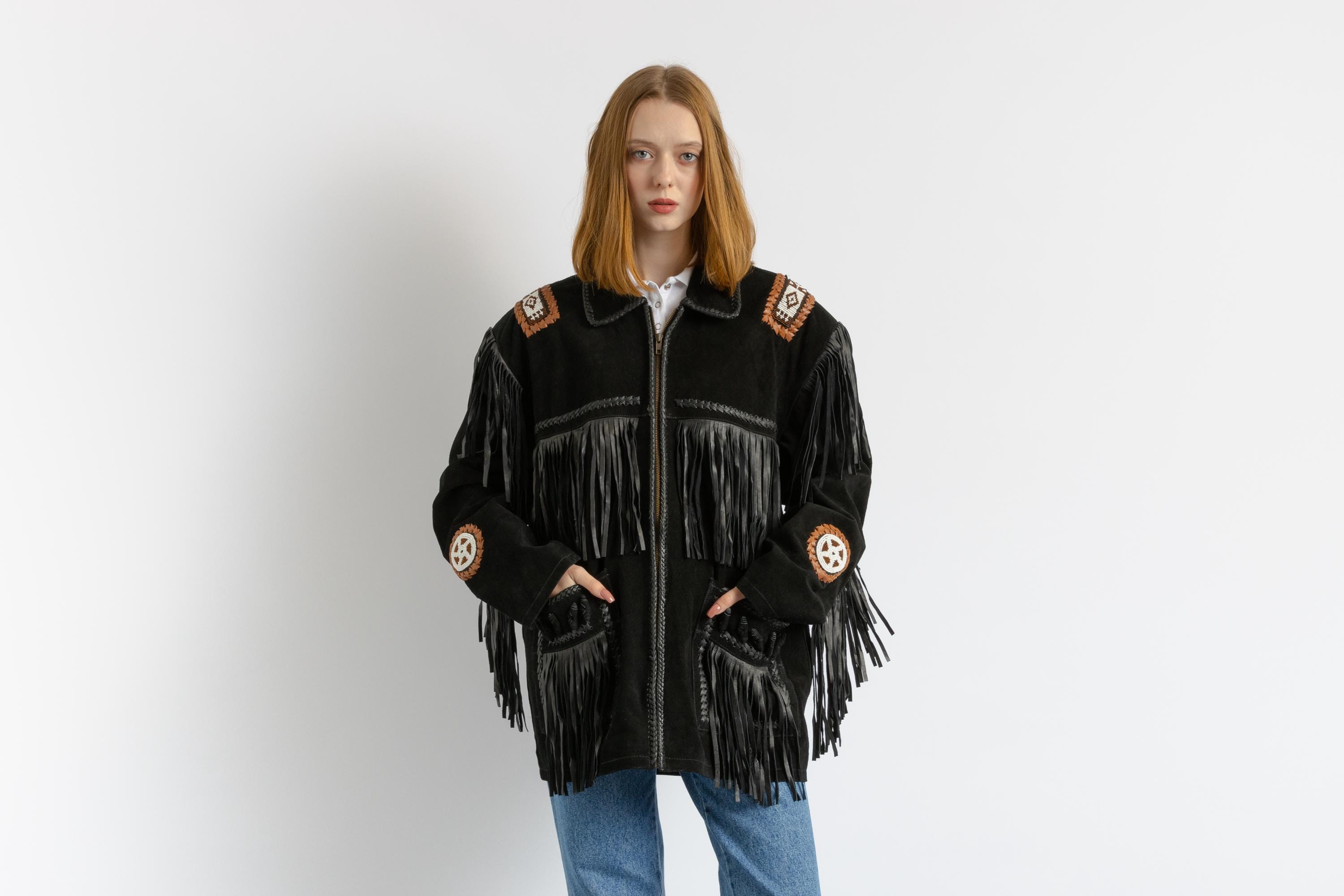 leather fringe concho blouson black XL