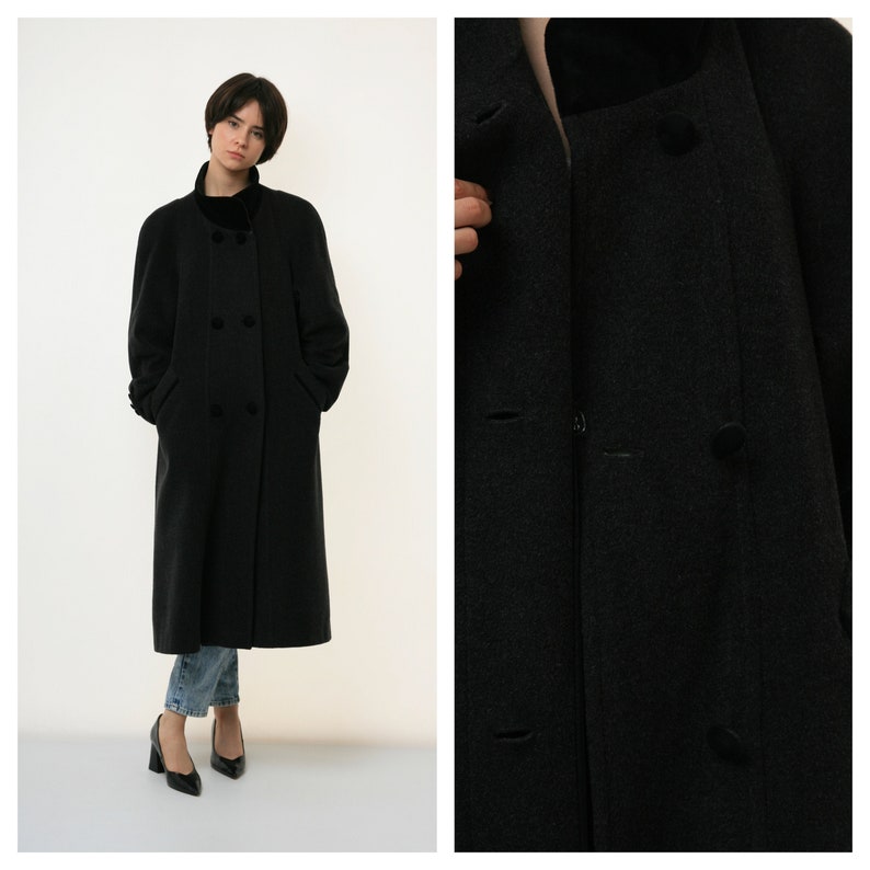 70s Vintage Vtg Rare Wool and Mohair Long Sleeve Dark Grey Midi Buttons Up Long Style Coat 3070 Girlfriend Gift image 1