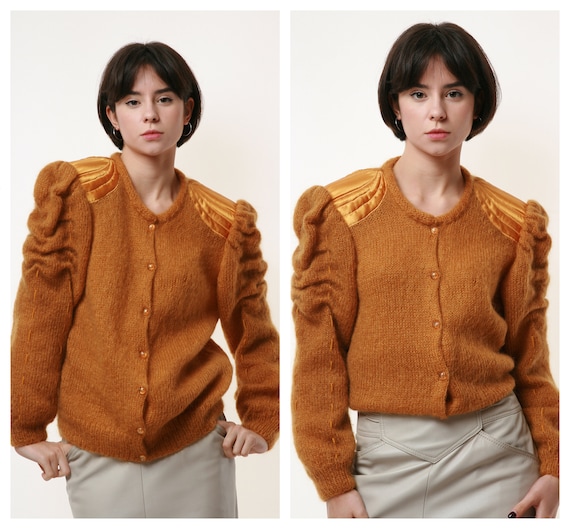 80s Vintage Mohair Dark Yellow Buttons up Jumper S
