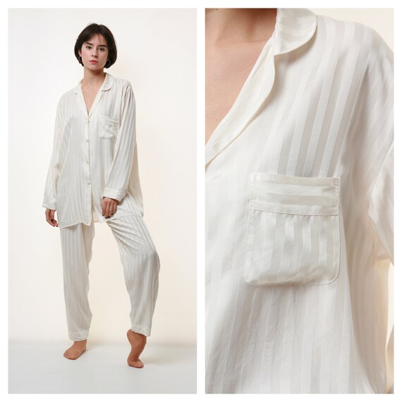 90s Vtg Rare Vintage Striped Ivory Buttons Up Pyja
