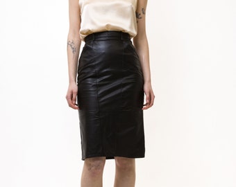 Women's Vintage High Waist Pencil Knee Length Black 100% Leather Skirt UK4 XSmall 34 Size