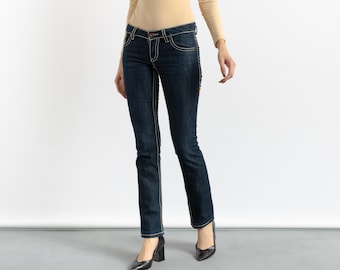 Jean bleu foncé taille mi-haute True Religion vintage des années 90 fabriqué aux États-Unis, taille 28, convient aux petites tailles