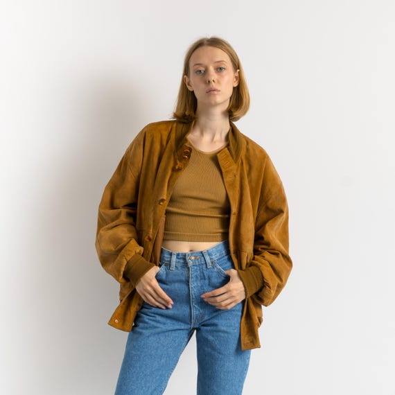 Suede Bomber Jacket 80s Brown Suede Jacket Buttons Up Moto Jacket Retro Streetwear Coat Motorcycle Jacket Lining Vintage 1990s Medium
