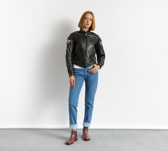 Vintage Schwarze Damen Motorrad Lederjacke Biker Größe XS-S
