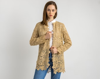 Vintage Ralph Lauren Lace Cardigan Size S, Crochet Front Cardigan, Fishnet Floral Pattern Crochet Cardigan, Long Sleeve Mesh Summer Sweater
