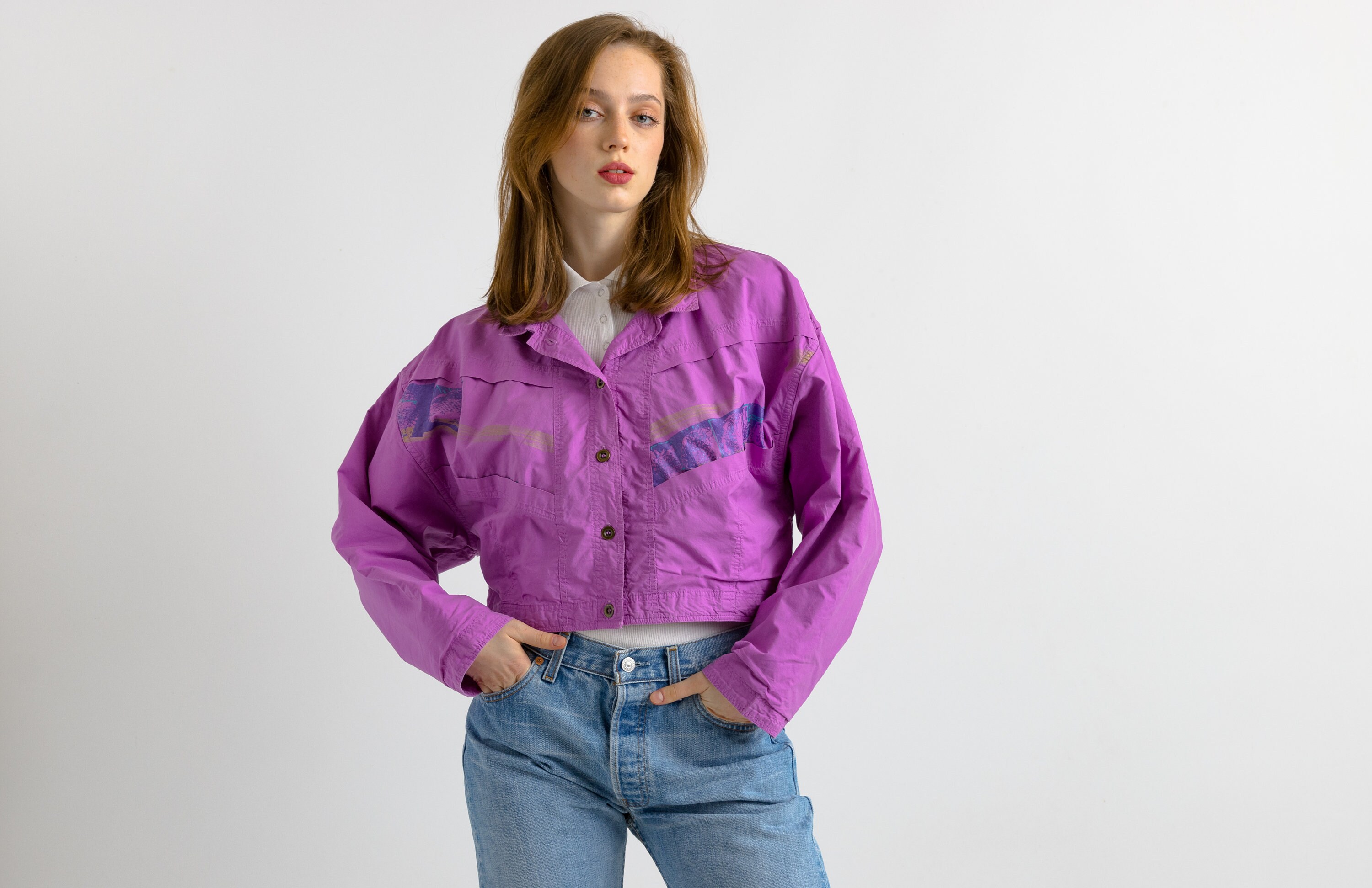80s Vintage Switzerland Purple Crop Top Buttons up Jacket/ Woman 