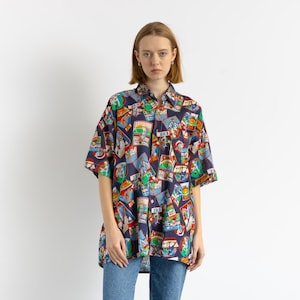 80s Vintage Cotton Aztec Abstract Pattern Unisex Fabric Short Sleeve in Pattern Shirt Buttons Up Blouse size Men&#39;s M Medium