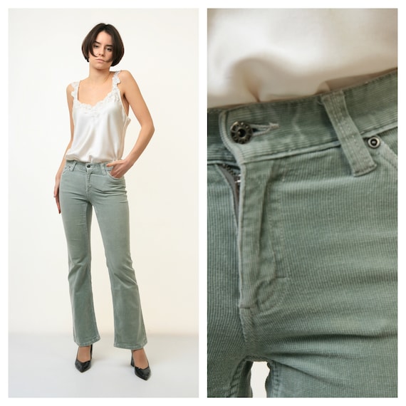 00s Vintage Flare Corduroy Y2k High Waisted Woman Trousers Light Gray Size 34  Small 3569/ Vintage Woman Corduroy Pants/ Vintage Y2K Pants 