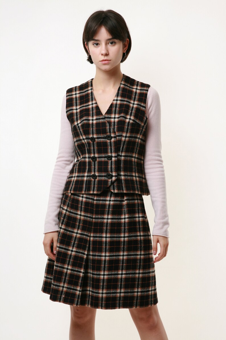 80s vintage Check Wool Suit Vest and Skirt 2002 image 3