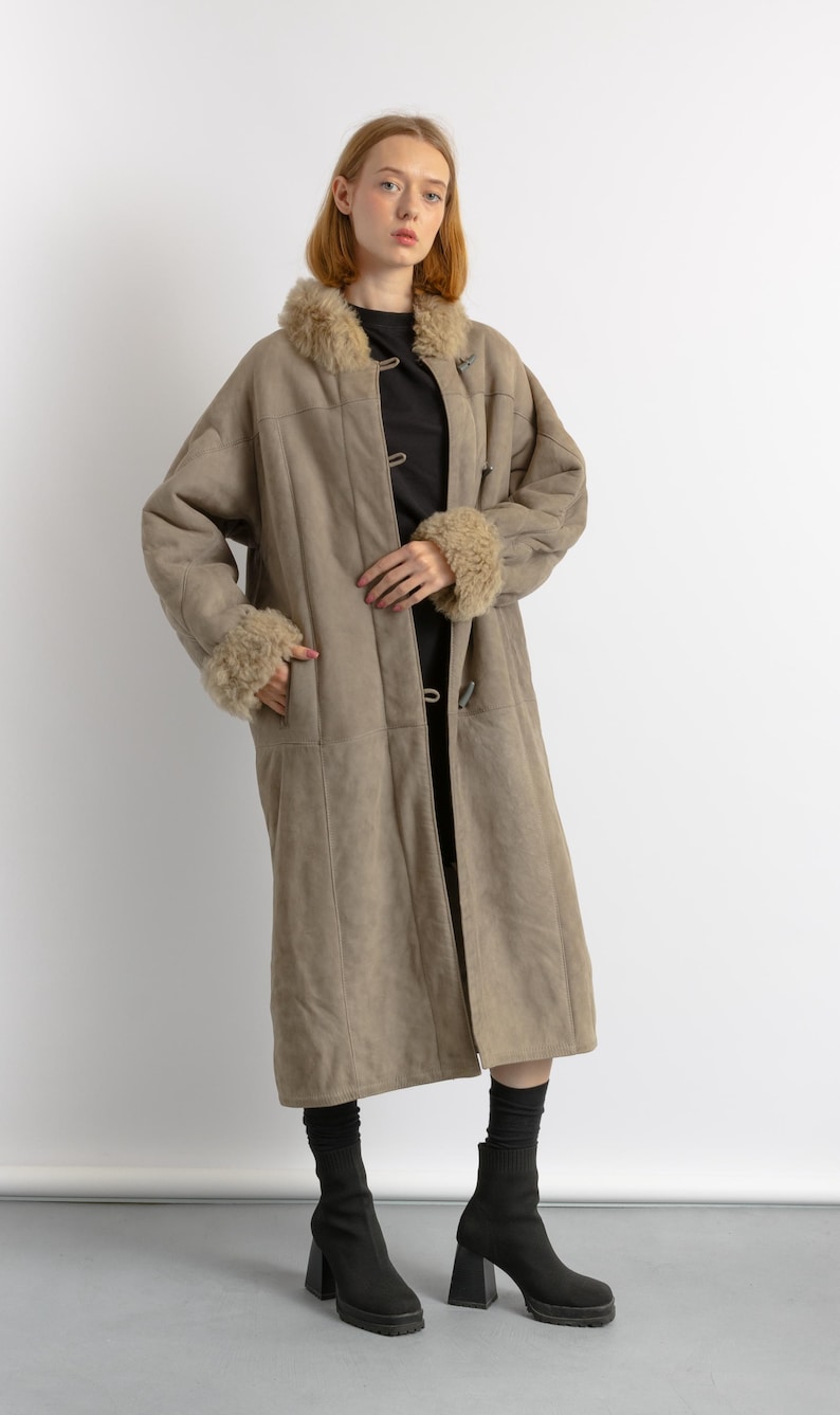 Women Suede Sheepskin Jacket Gray Vintage 80s Retro Winter Outerwear Sheepskin Western Suede Coat Women Vintage Clothing size M image 8