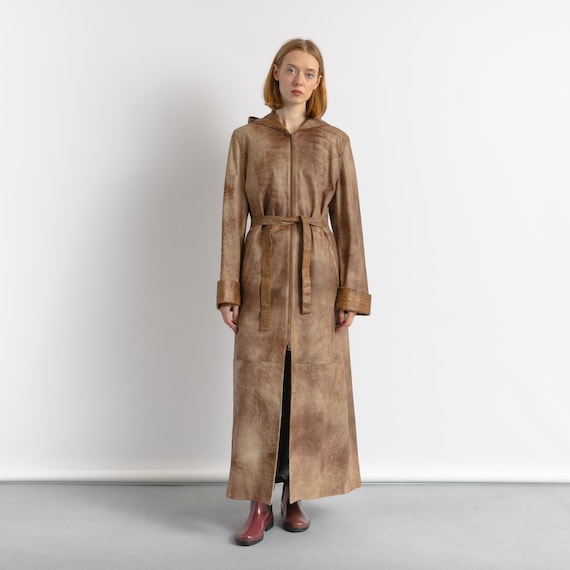 Longline Leather Coat 80s, Size L Brown Hood Leather Maxi Coat, Retro Women Coat, Vintage Women Outerwear, Timeless Coat, MoodGirls