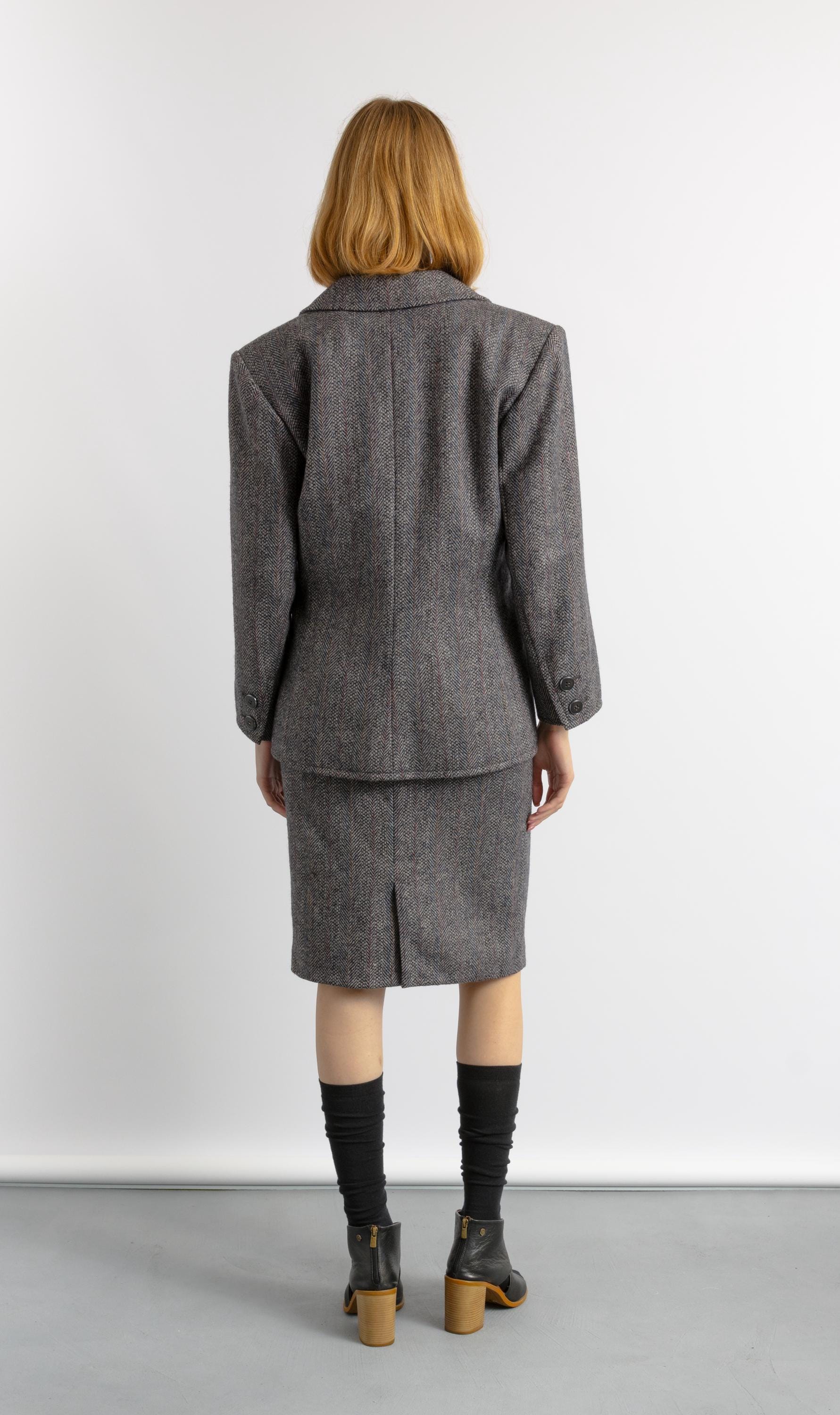 YVES SAINT LAURENT Suit, 80s Gray Wool High Waisted Pencil Skirt