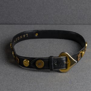 Rena Lange Black Leather Belt with Gold-Tone Rectangular Buckle 1990s Rena Lange Black and Gold  main image 2