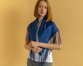Floral silk scarf, Blue silk bandana in all silk, womens big square scarf, perfect neck scarf or gift for her