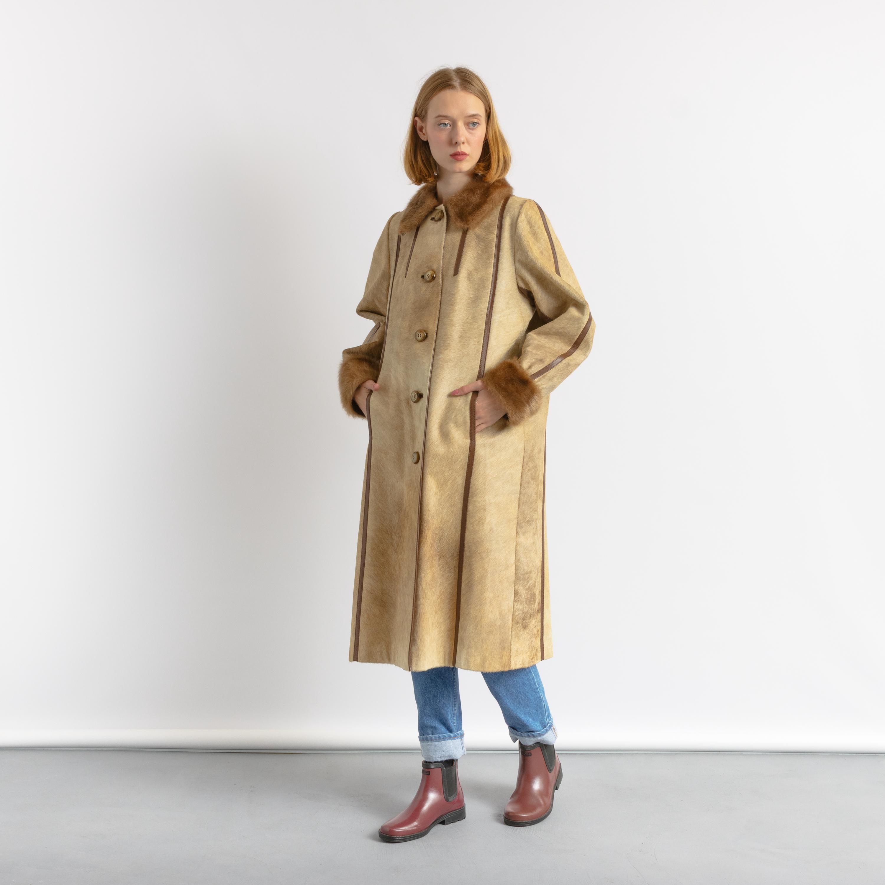 70s Vintage Rare Woman Retro Wool Long Maxi Coat Leather Coat Size