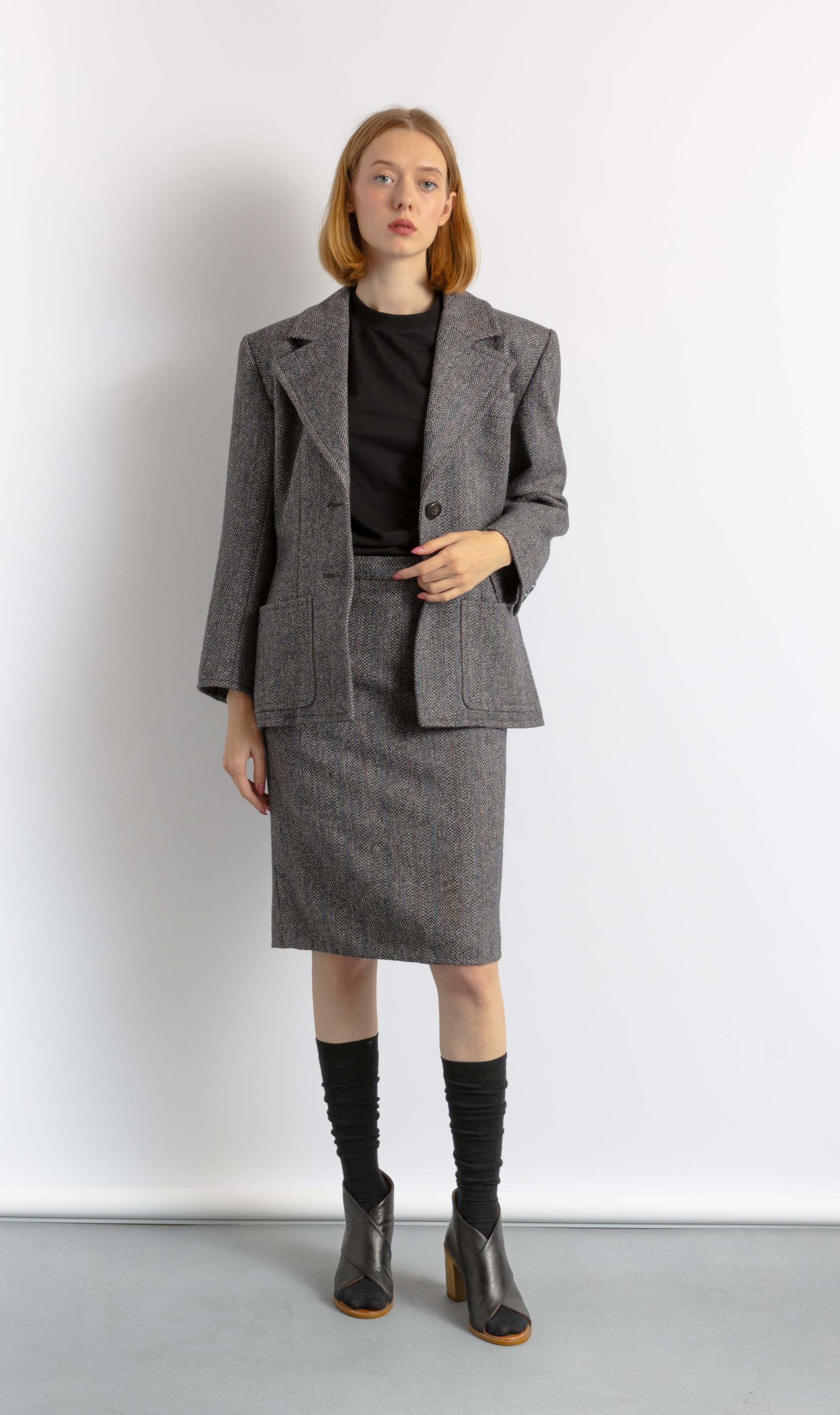 YVES SAINT LAURENT Suit, 80s Gray Wool High Waisted Pencil Skirt