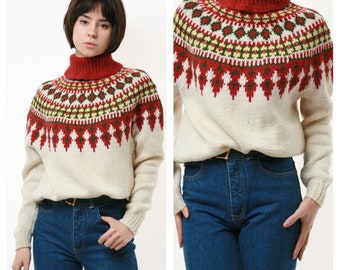 70s Vintage Iceland Norway Knitwear Handknitted Turtleneck Ornament Wool Jumper Sweater 2150