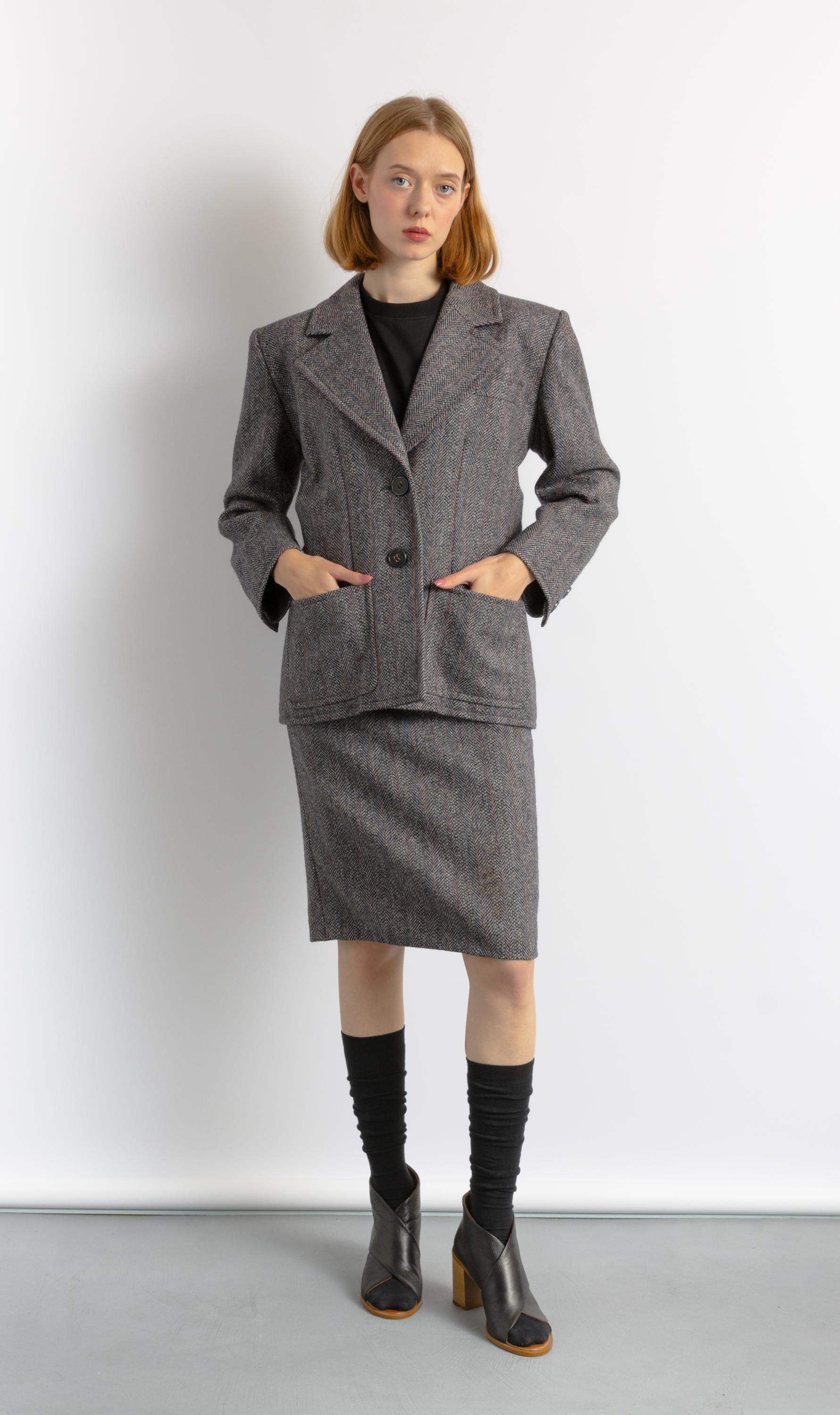 YVES SAINT LAURENT Suit, 80s Gray Wool High Waisted Pencil Skirt